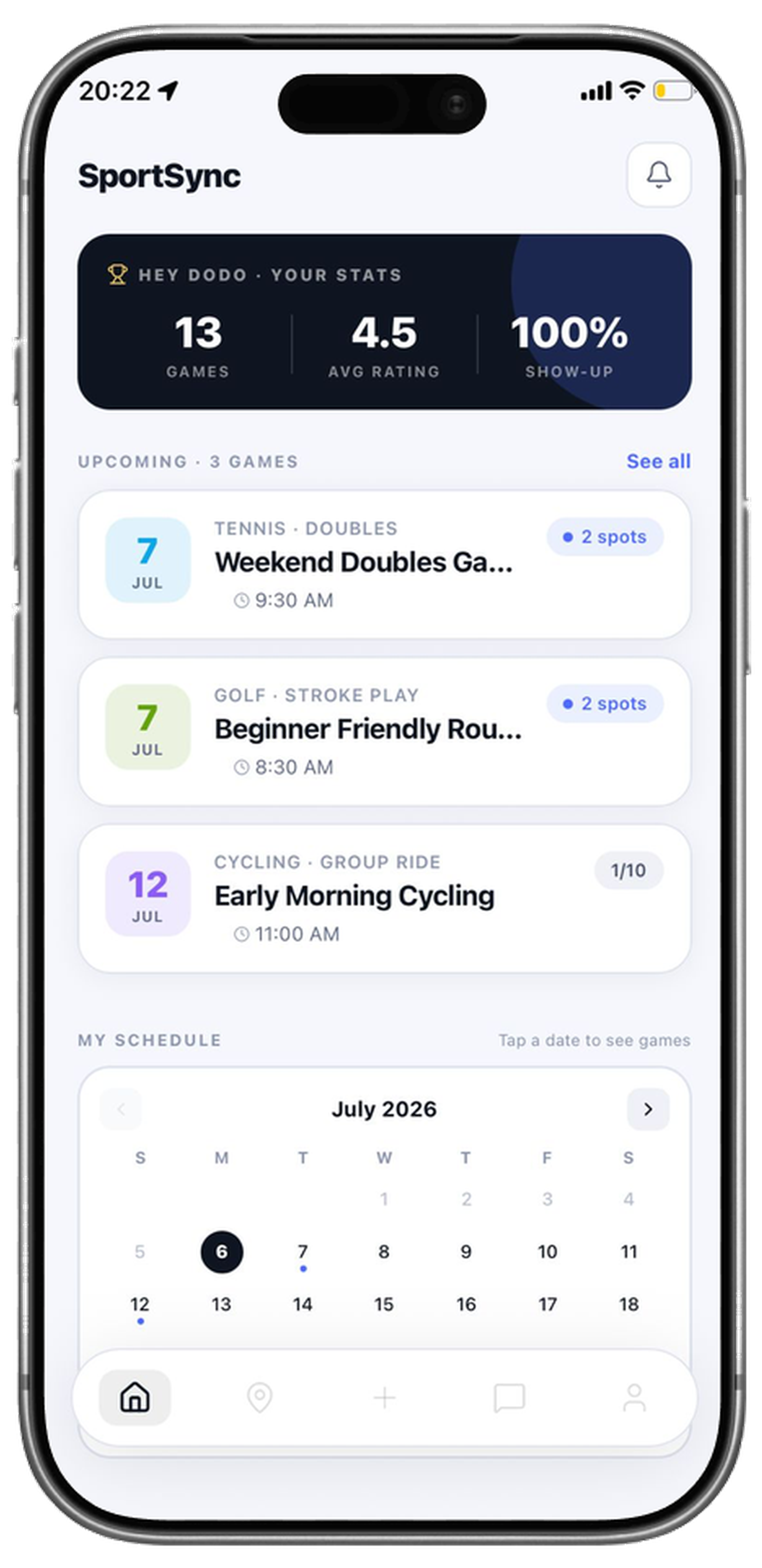 SportSync home dashboard screen on iPhone