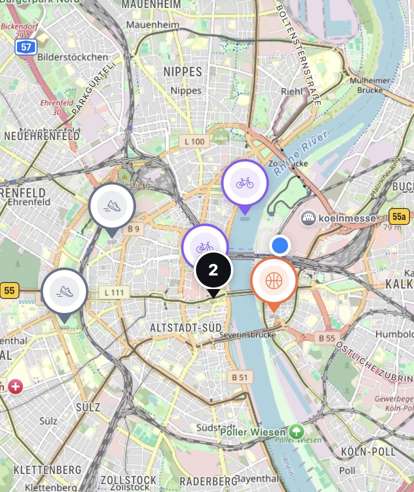SportSync map view showing nearby pickup games