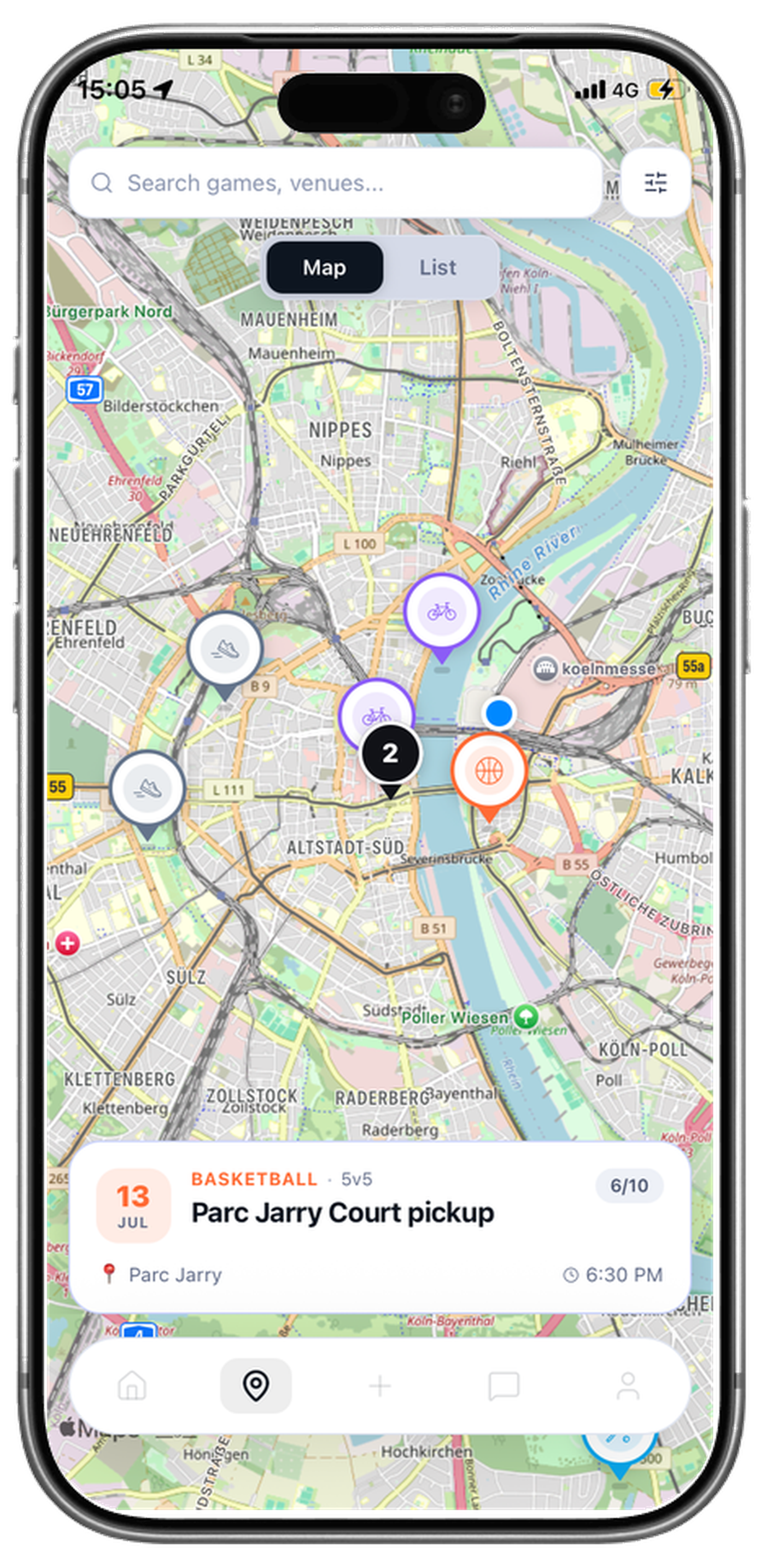 SportSync map and discover screen on iPhone